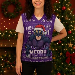 Personalized Melbourne Storm Christmas Knitted V-Neck Vest Australian Rugby Fans - Pixelated Ugly Xmas Pattern Mascot Santa