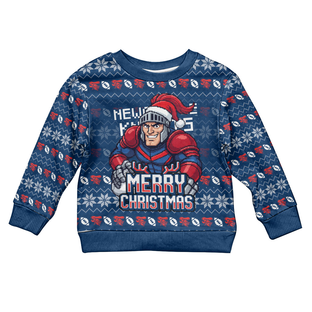 Personalized Newcastle Knights Christmas Kid Ugly Christmas Sweater Australian Rugby Fans - Pixelated Ugly Xmas Pattern Mascot Santa