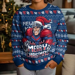 Personalized Newcastle Knights Christmas Kid Ugly Christmas Sweater Australian Rugby Fans - Pixelated Ugly Xmas Pattern Mascot Santa