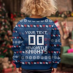 Personalized Newcastle Knights Christmas Kid Ugly Christmas Sweater Australian Rugby Fans - Pixelated Ugly Xmas Pattern Mascot Santa
