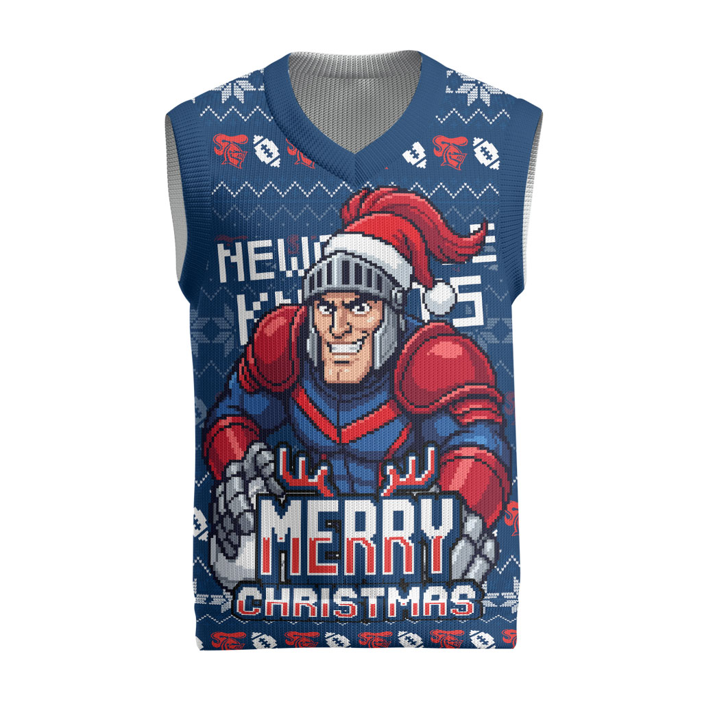 Personalized Newcastle Knights Christmas Knitted V-Neck Vest Australian Rugby Fans - Pixelated Ugly Xmas Pattern Mascot Santa