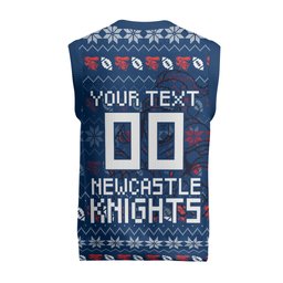 Personalized Newcastle Knights Christmas Knitted V-Neck Vest Australian Rugby Fans - Pixelated Ugly Xmas Pattern Mascot Santa