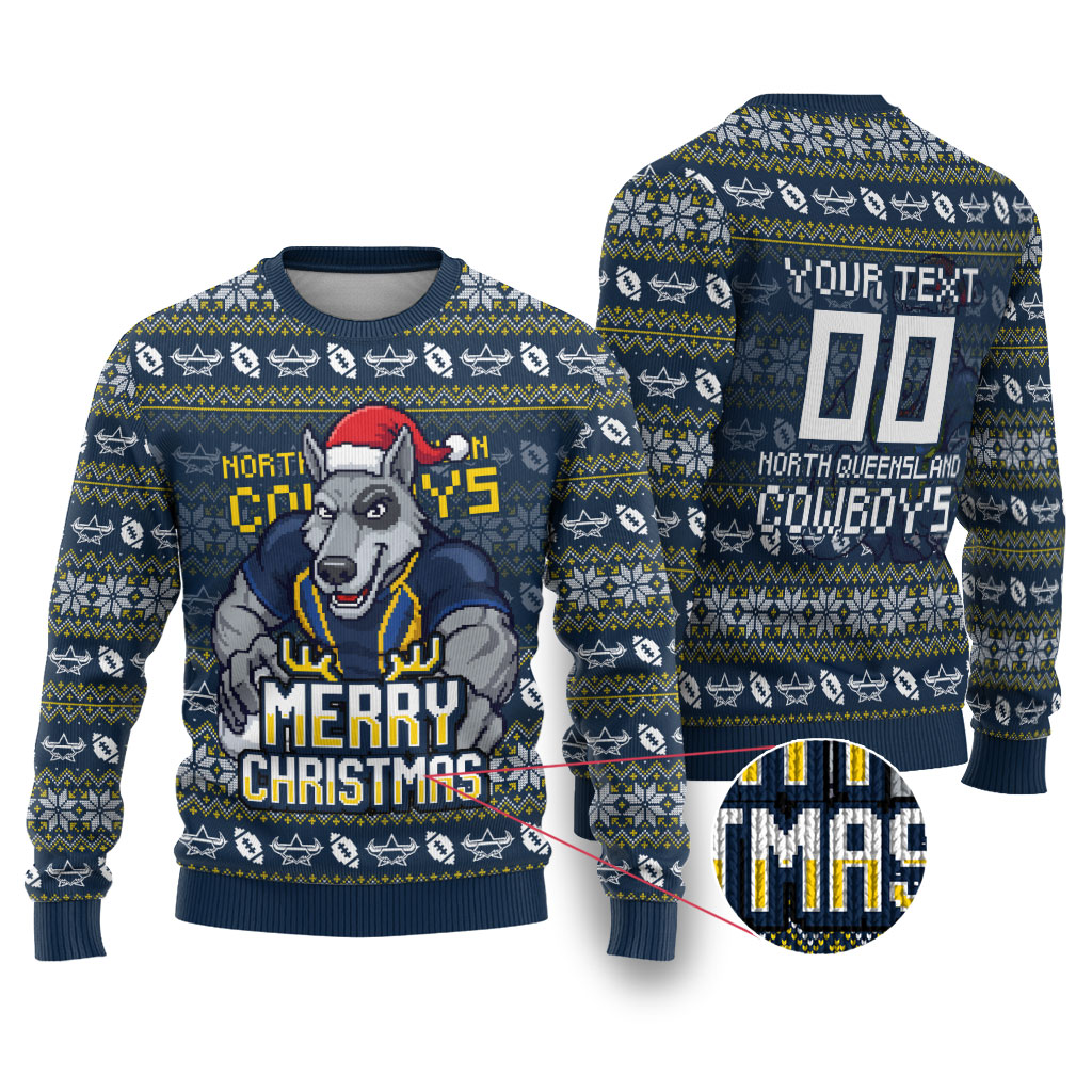 Personalized Cowboys Christmas Ugly Christmas Sweater Australian Rugby Fans - Pixelated Ugly Xmas Pattern Mascot Santa