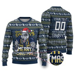 Personalized Cowboys Christmas Ugly Christmas Sweater Australian Rugby Fans - Pixelated Ugly Xmas Pattern Mascot Santa