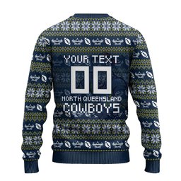 Personalized Cowboys Christmas Ugly Christmas Sweater Australian Rugby Fans - Pixelated Ugly Xmas Pattern Mascot Santa