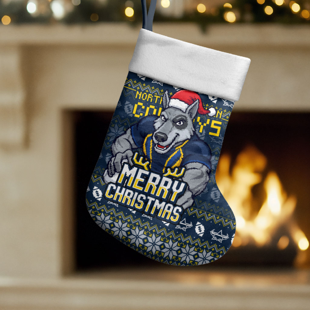 Cowboys Christmas Stocking Australian Rugby Fans - Pixelated Ugly Xmas Pattern Mascot Santa