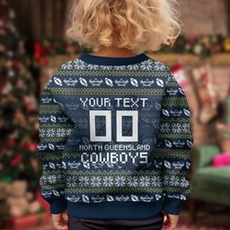 Personalized Cowboys Christmas Kid Ugly Christmas Sweater Australian Rugby Fans - Pixelated Ugly Xmas Pattern Mascot Santa