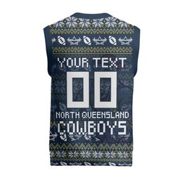 Personalized Cowboys Christmas Knitted V-Neck Vest Australian Rugby Fans - Pixelated Ugly Xmas Pattern Mascot Santa