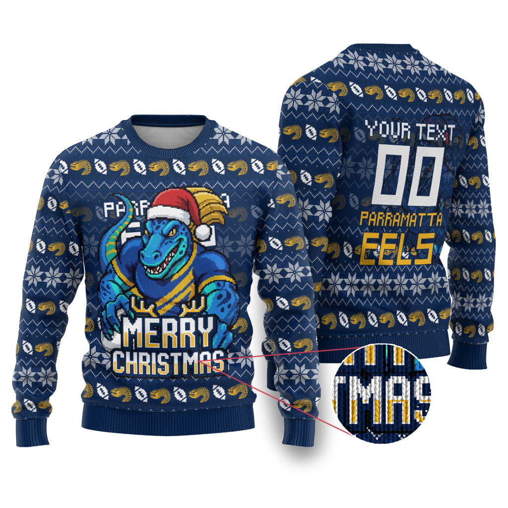 Personalized Parramatta Eels Christmas Ugly Christmas Sweater Australian Rugby Fans - Pixelated Ugly Xmas Pattern Mascot Santa