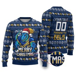 Personalized Parramatta Eels Christmas Ugly Christmas Sweater Australian Rugby Fans - Pixelated Ugly Xmas Pattern Mascot Santa