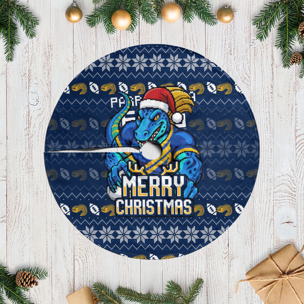 Parramatta Eels Christmas Tree Skirt Australian Rugby Fans - Pixelated Ugly Xmas Pattern Mascot Santa