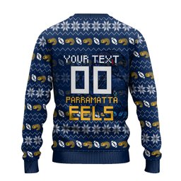Personalized Parramatta Eels Christmas Ugly Christmas Sweater Australian Rugby Fans - Pixelated Ugly Xmas Pattern Mascot Santa