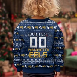 Personalized Parramatta Eels Christmas Kid Ugly Christmas Sweater Australian Rugby Fans - Pixelated Ugly Xmas Pattern Mascot Santa