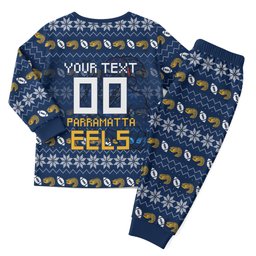 Personalized Parramatta Eels Christmas Pajama Set Australian Rugby Fans - Pixelated Ugly Xmas Pattern Mascot Santa