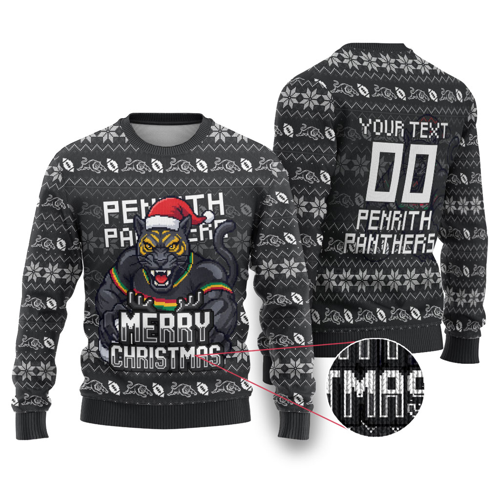 Personalized Penrith Panthers Christmas Ugly Christmas Sweater Australian Rugby Fans - Pixelated Ugly Xmas Pattern Mascot Santa