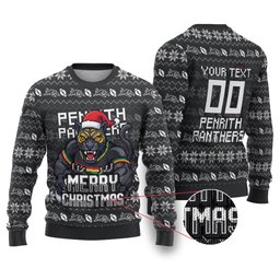 Personalized Penrith Panthers Christmas Ugly Christmas Sweater Australian Rugby Fans - Pixelated Ugly Xmas Pattern Mascot Santa