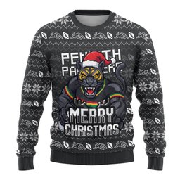 Personalized Penrith Panthers Christmas Ugly Christmas Sweater Australian Rugby Fans - Pixelated Ugly Xmas Pattern Mascot Santa