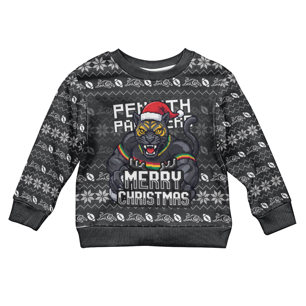 Personalized Penrith Panthers Christmas Kid Ugly Christmas Sweater Australian Rugby Fans - Pixelated Ugly Xmas Pattern Mascot Santa