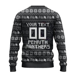 Personalized Penrith Panthers Christmas Ugly Christmas Sweater Australian Rugby Fans - Pixelated Ugly Xmas Pattern Mascot Santa