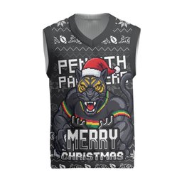 Personalized Penrith Panthers Christmas Knitted V-Neck Vest Australian Rugby Fans - Pixelated Ugly Xmas Pattern Mascot Santa