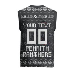 Personalized Penrith Panthers Christmas Knitted V-Neck Vest Australian Rugby Fans - Pixelated Ugly Xmas Pattern Mascot Santa