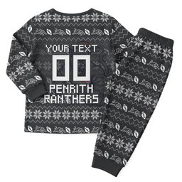 Personalized Penrith Panthers Christmas Pajama Set Australian Rugby Fans - Pixelated Ugly Xmas Pattern Mascot Santa