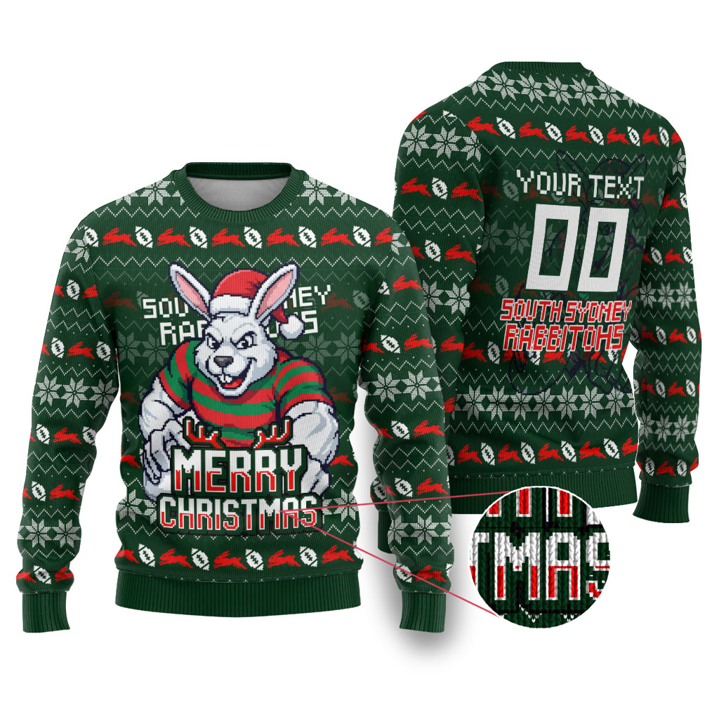 Personalized South Sydney Rabbitohs Christmas Ugly Christmas Sweater Australian Rugby Fans - Pixelated Ugly Xmas Pattern Mascot Santa