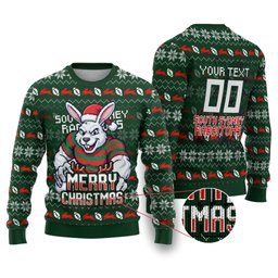 Personalized South Sydney Rabbitohs Christmas Ugly Christmas Sweater Australian Rugby Fans - Pixelated Ugly Xmas Pattern Mascot Santa