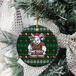 South Sydney Rabbitohs Christmas Ceramic Ornament Australian Rugby Fans - Pixelated Ugly Xmas Pattern Mascot Santa