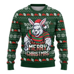 Personalized South Sydney Rabbitohs Christmas Ugly Christmas Sweater Australian Rugby Fans - Pixelated Ugly Xmas Pattern Mascot Santa