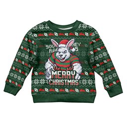 Personalized South Sydney Rabbitohs Christmas Kid Ugly Christmas Sweater Australian Rugby Fans - Pixelated Ugly Xmas Pattern Mascot Santa