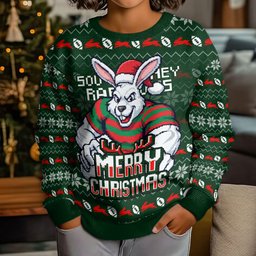 Personalized South Sydney Rabbitohs Christmas Kid Ugly Christmas Sweater Australian Rugby Fans - Pixelated Ugly Xmas Pattern Mascot Santa