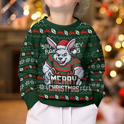 Personalized South Sydney Rabbitohs Christmas Kid Ugly Christmas Sweater Australian Rugby Fans - Pixelated Ugly Xmas Pattern Mascot Santa