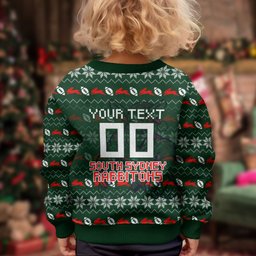 Personalized South Sydney Rabbitohs Christmas Kid Ugly Christmas Sweater Australian Rugby Fans - Pixelated Ugly Xmas Pattern Mascot Santa