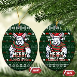 South Sydney Rabbitohs Christmas Ceramic Ornament Australian Rugby Fans - Pixelated Ugly Xmas Pattern Mascot Santa