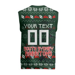 Personalized South Sydney Rabbitohs Christmas Knitted V-Neck Vest Australian Rugby Fans - Pixelated Ugly Xmas Pattern Mascot Santa