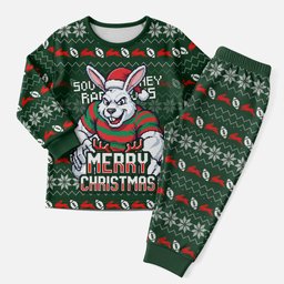 Personalized South Sydney Rabbitohs Christmas Pajama Set Australian Rugby Fans - Pixelated Ugly Xmas Pattern Mascot Santa