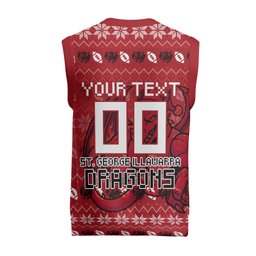 Personalized St George Illawarra Dragons Christmas Knitted V-Neck Vest Australian Rugby Fans - Pixelated Ugly Xmas Pattern Mascot Santa