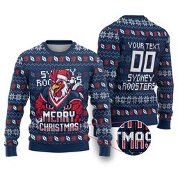 Personalized Sydney Roosters Christmas Ugly Christmas Sweater Australian Rugby Fans - Pixelated Ugly Xmas Pattern Mascot Santa
