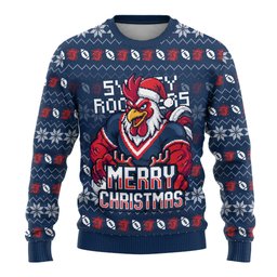 Personalized Sydney Roosters Christmas Ugly Christmas Sweater Australian Rugby Fans - Pixelated Ugly Xmas Pattern Mascot Santa