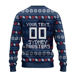 Personalized Sydney Roosters Christmas Ugly Christmas Sweater Australian Rugby Fans - Pixelated Ugly Xmas Pattern Mascot Santa