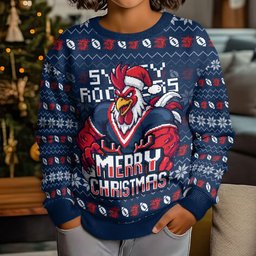 Personalized Sydney Roosters Christmas Kid Ugly Christmas Sweater Australian Rugby Fans - Pixelated Ugly Xmas Pattern Mascot Santa