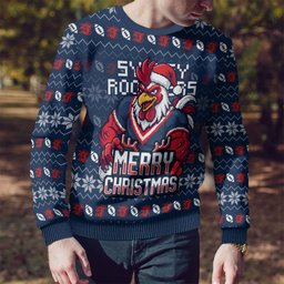 Personalized Sydney Roosters Christmas Ugly Christmas Sweater Australian Rugby Fans - Pixelated Ugly Xmas Pattern Mascot Santa