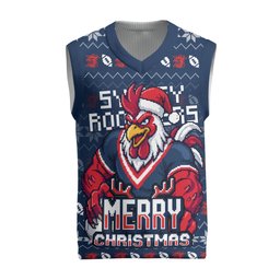 Personalized Sydney Roosters Christmas Knitted V-Neck Vest Australian Rugby Fans - Pixelated Ugly Xmas Pattern Mascot Santa