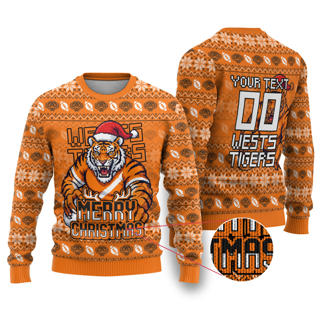 Personalized Wests Tigers Christmas Ugly Christmas Sweater Australian Rugby Fans - Pixelated Ugly Xmas Pattern Mascot Santa