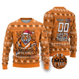 Personalized Wests Tigers Christmas Ugly Christmas Sweater Australian Rugby Fans - Pixelated Ugly Xmas Pattern Mascot Santa