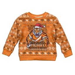 Personalized Wests Tigers Christmas Kid Ugly Christmas Sweater Australian Rugby Fans - Pixelated Ugly Xmas Pattern Mascot Santa