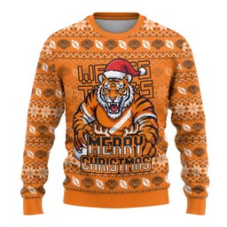 Personalized Wests Tigers Christmas Ugly Christmas Sweater Australian Rugby Fans - Pixelated Ugly Xmas Pattern Mascot Santa