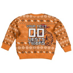 Personalized Wests Tigers Christmas Kid Ugly Christmas Sweater Australian Rugby Fans - Pixelated Ugly Xmas Pattern Mascot Santa