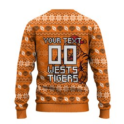 Personalized Wests Tigers Christmas Ugly Christmas Sweater Australian Rugby Fans - Pixelated Ugly Xmas Pattern Mascot Santa